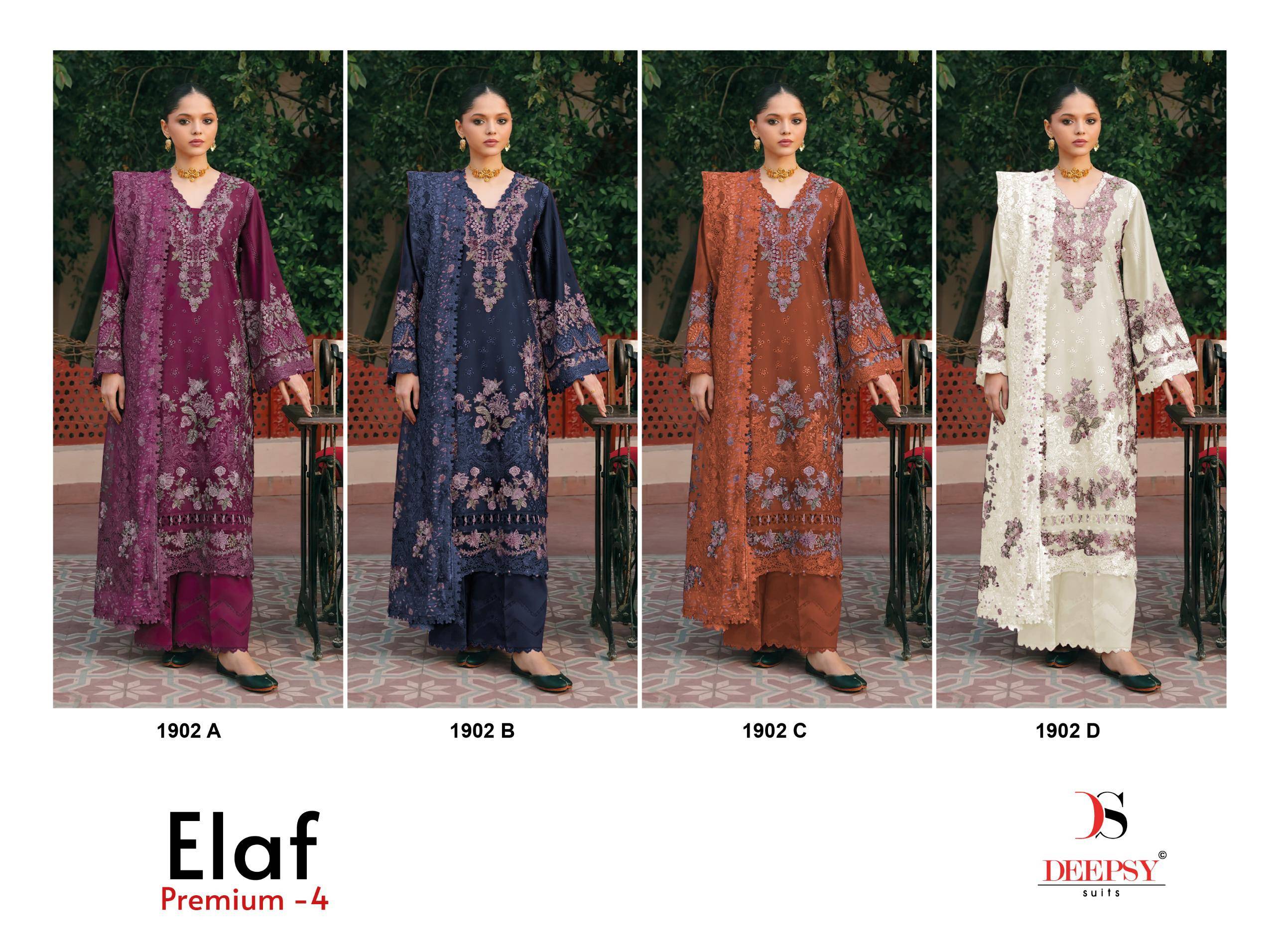 ELAF  Premium-4 Luxury Lawn 1902 by  DEEPSY SUITS 1902A To 1902D Series Designer Suits Pure cotton Pakistani Dresses At Wholesale Price